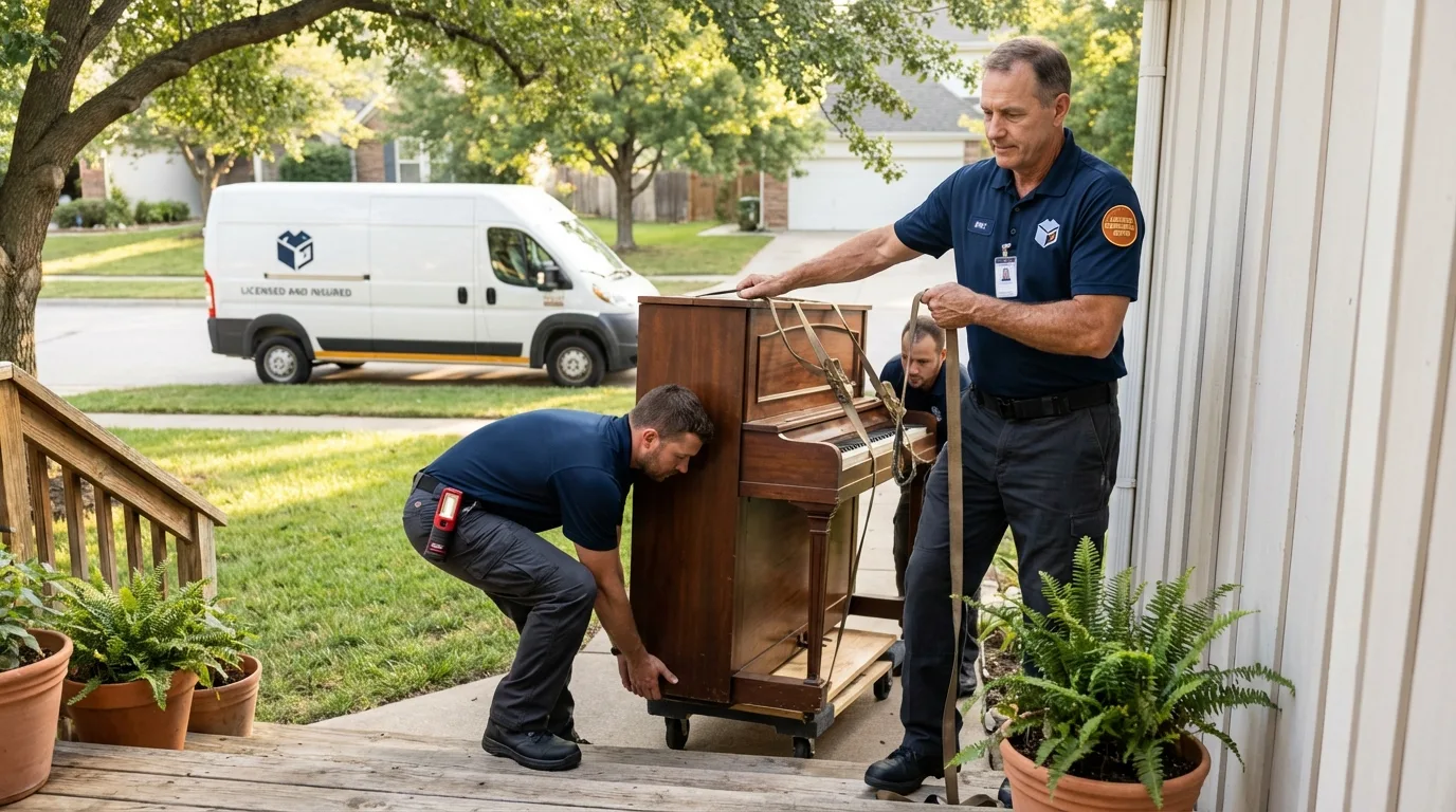 Licensed piano movers securing grand piano in Gardner, MA