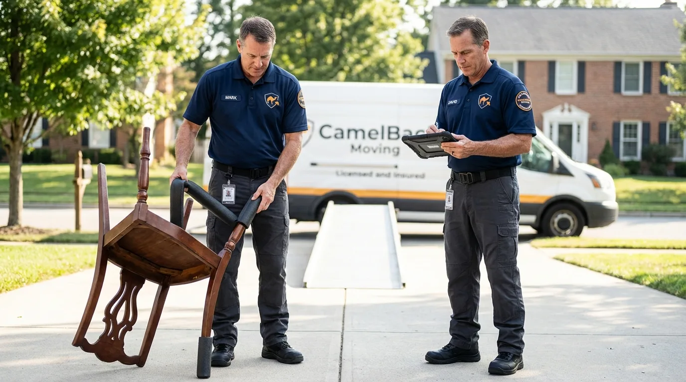 Movers inspecting furniture for damage prevention before loading in Gardner, MA